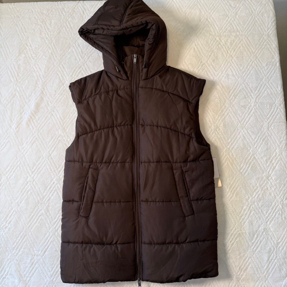 Quiet Luxury Après Ski Z by Zella Chocolate Brown Hooded Puffer Vest S NWT